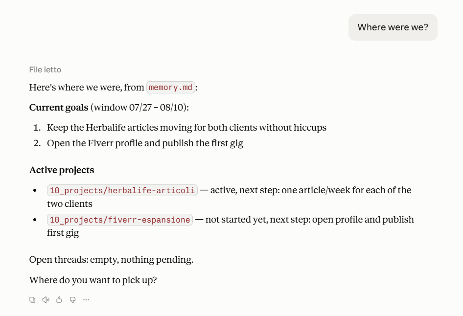 A new session listing active projects and open threads on its own, without anyone telling it