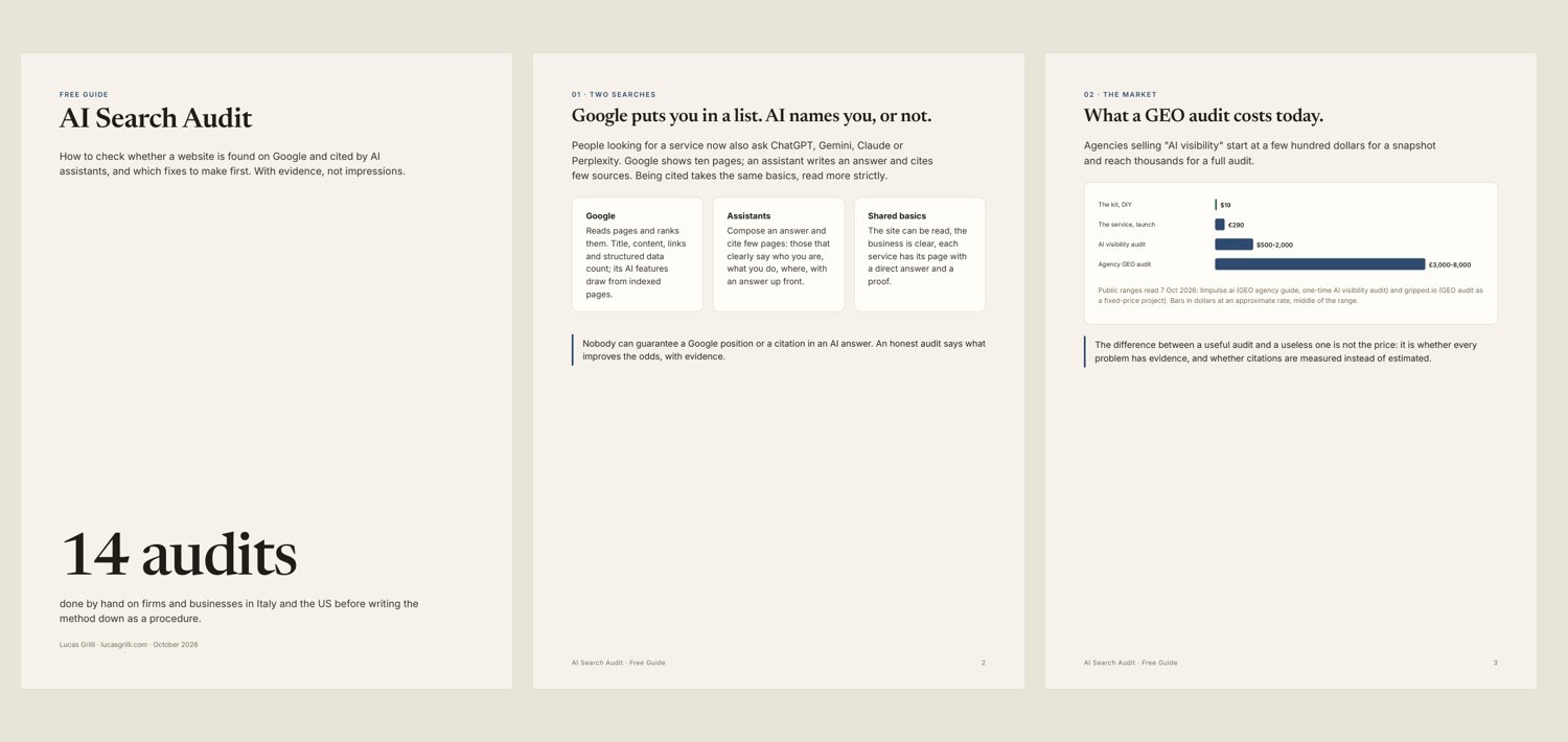 The first three pages of the free AI Search Audit guide: cover, the two searches, market prices.