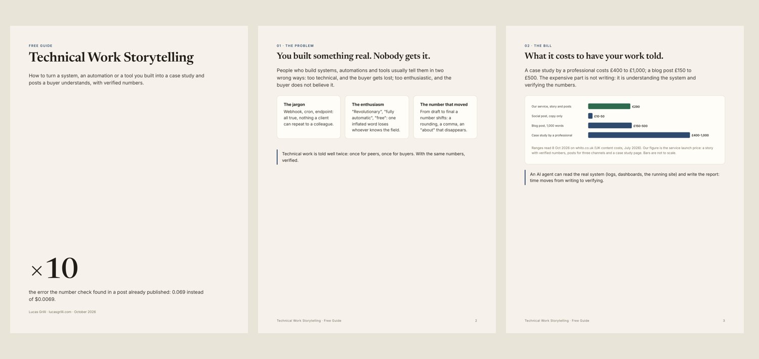 The first three pages of the free Technical Work Storytelling guide: cover with the tenfold error, the problem, the bill.